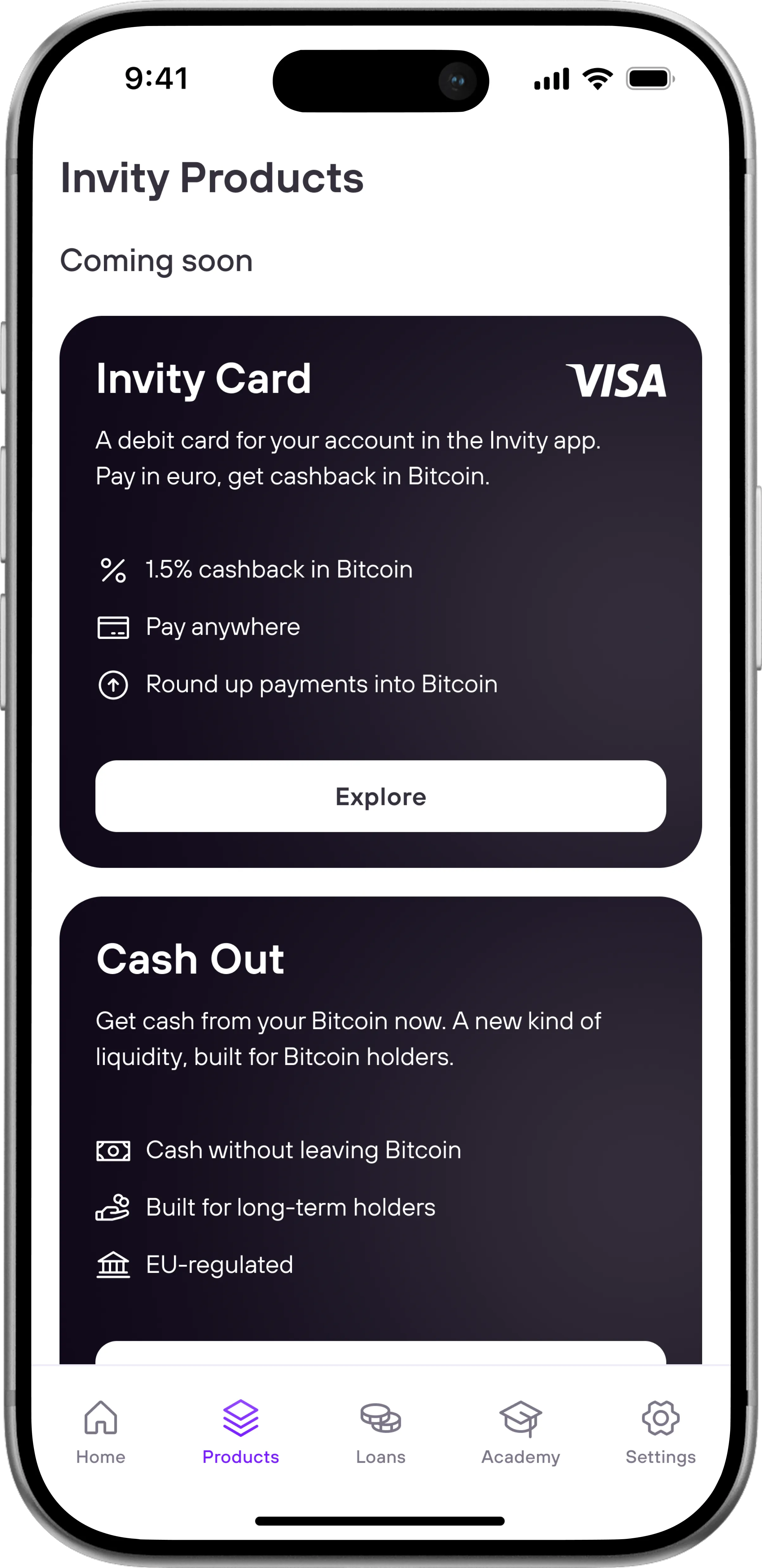 Invity app Products screen, with Invity Card listed under Coming soon and an Explore button.